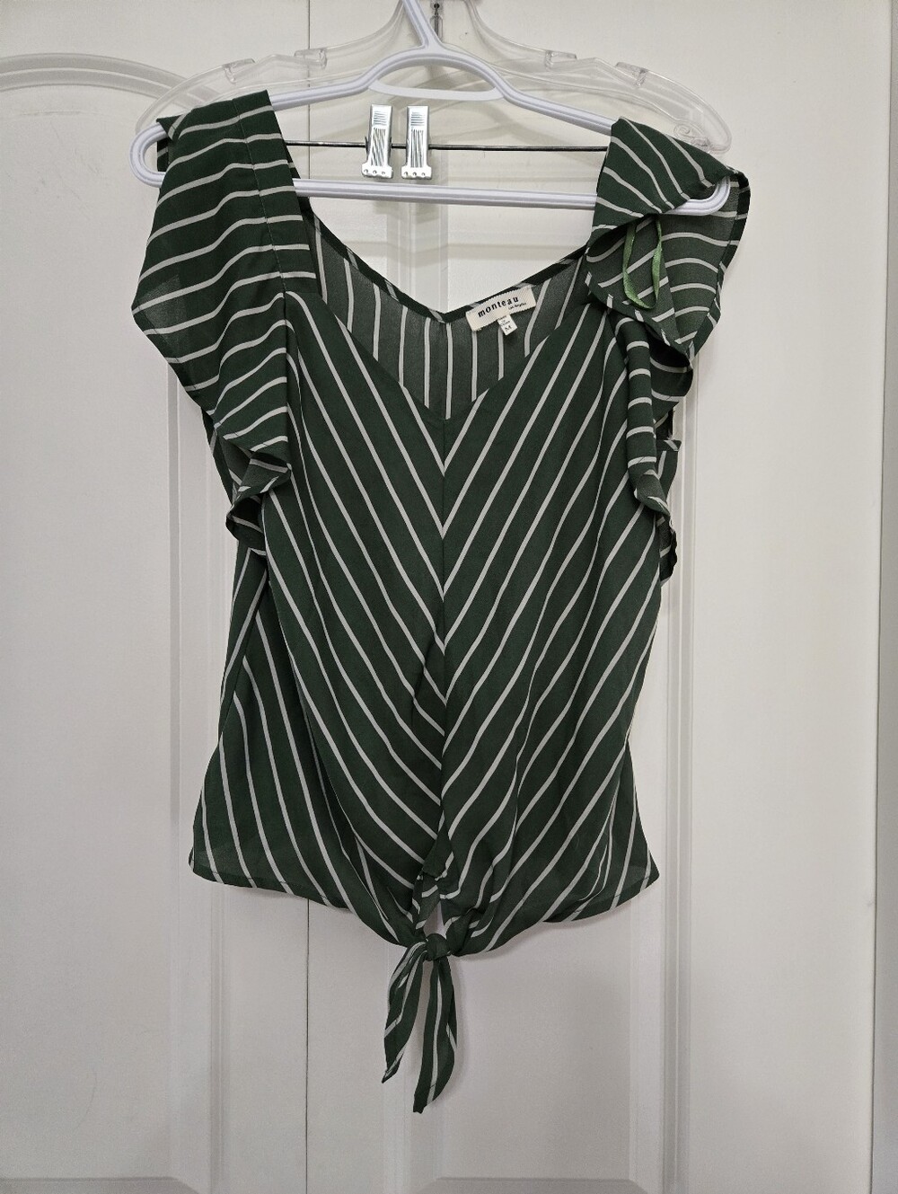 Monteau Forest Green & White Striped Tie-Front Ruffle Sleeve Top